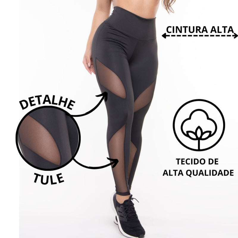 Calça Legging de Academia com Detalhe de Tule Leg Leging Crossfit